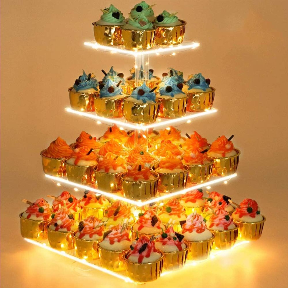 Cupcake Stand Tier - แท่นวางคัพเค้กพร้อมไฟ LED สีเหลือง, แท่นวางคัพเค้ก 4 ชั้นสำหรับคัพเค้ก