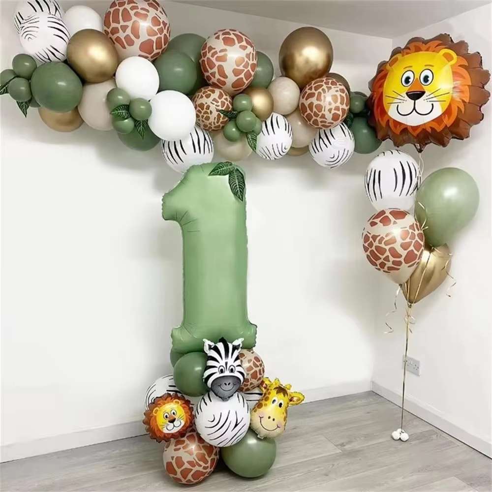 Balloon Arch Kit - ลูกโป่งวันเกิดลายสัตว์ป่า ลูกโป่งตัวเลขสีเขียวเซจ ซุ้มลูกโป่งสำหรับงานเลี้ยงฉลองทารก งานวันเกิดธีมซาฟารี ตกแต่งงานปาร์ตี้